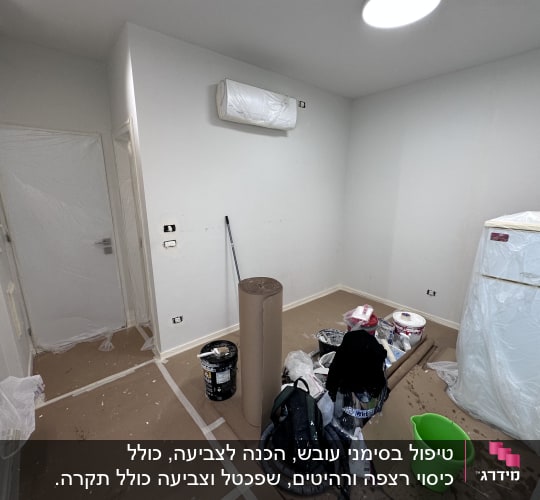 טיפול בסימני עובש, הכנה לצביעה, כולל כיסוי רצפה ורהיטים, שפכטל וצביעה כולל תקרה.